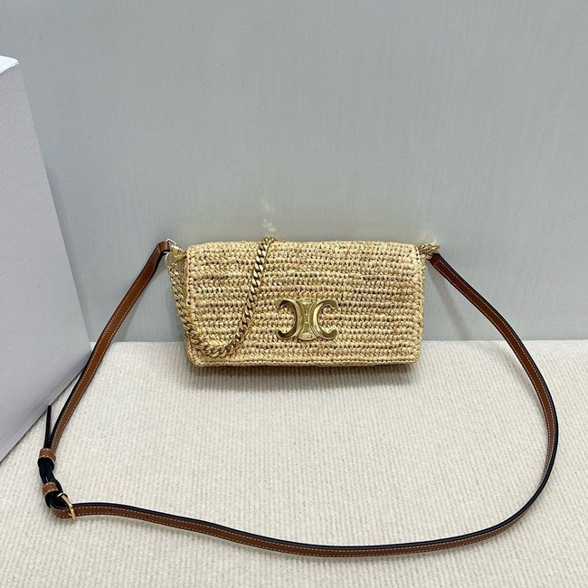 CELINE Chain Claude IN Raffia Plein Soleil Bag 197993 NATURAL & TAN