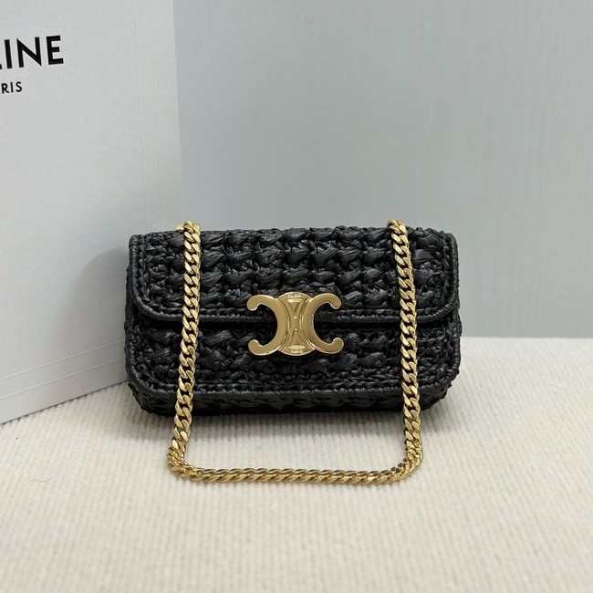 Celine CHAIN SHOULDER BAG CLAUDE IN RAFFIA EFFECT TEXTILE 112252 black 