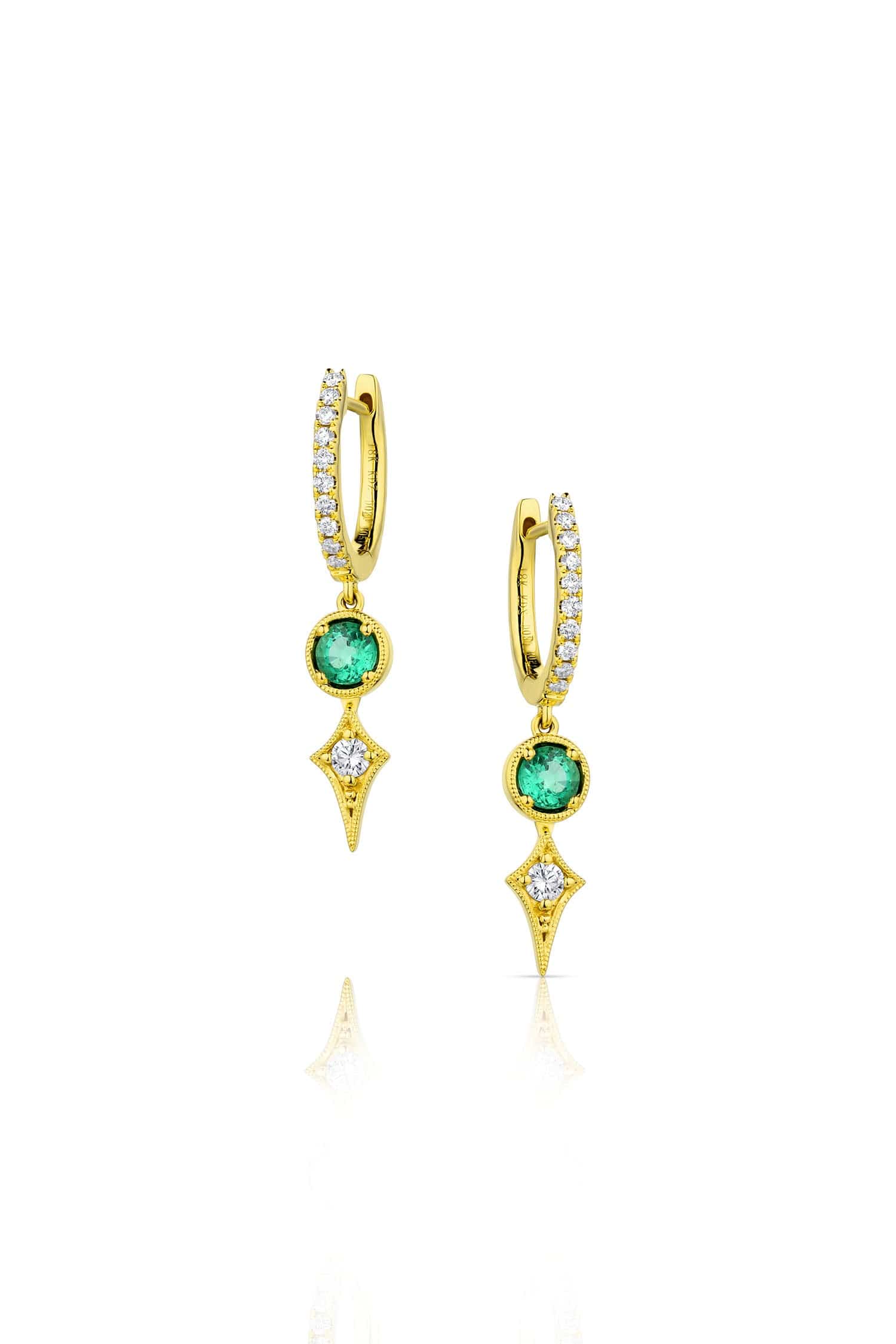 18K Yellow Gold Emerald & Diamond Kite Drop Earrings