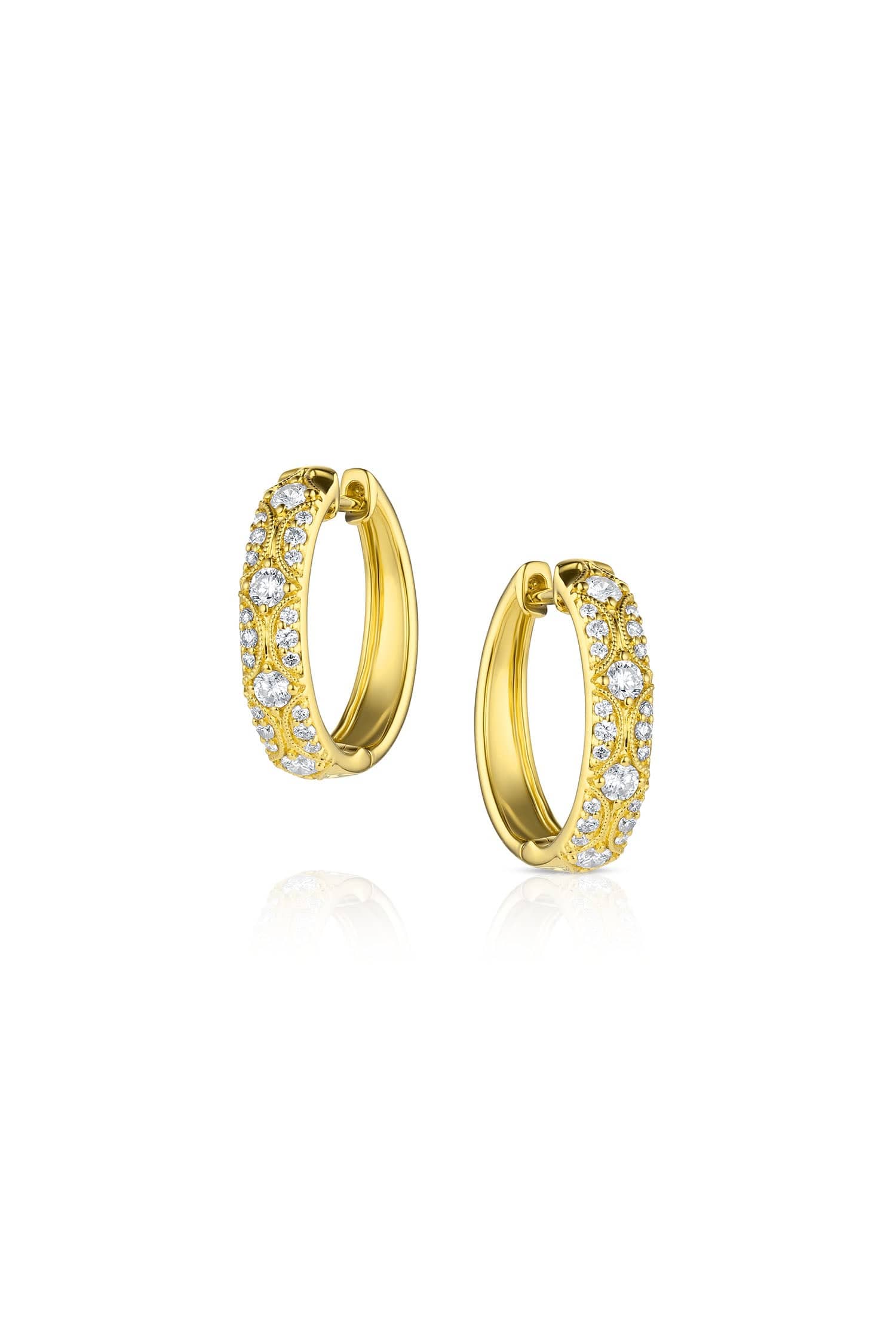 18K Yellow Gold Diamond Hoop Earrings with Filigree