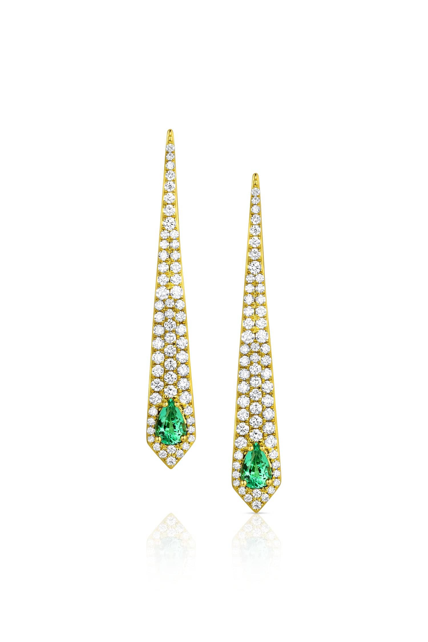 18K Yellow Gold Elongated Tapered Diamond & Emerald Drop Earrings