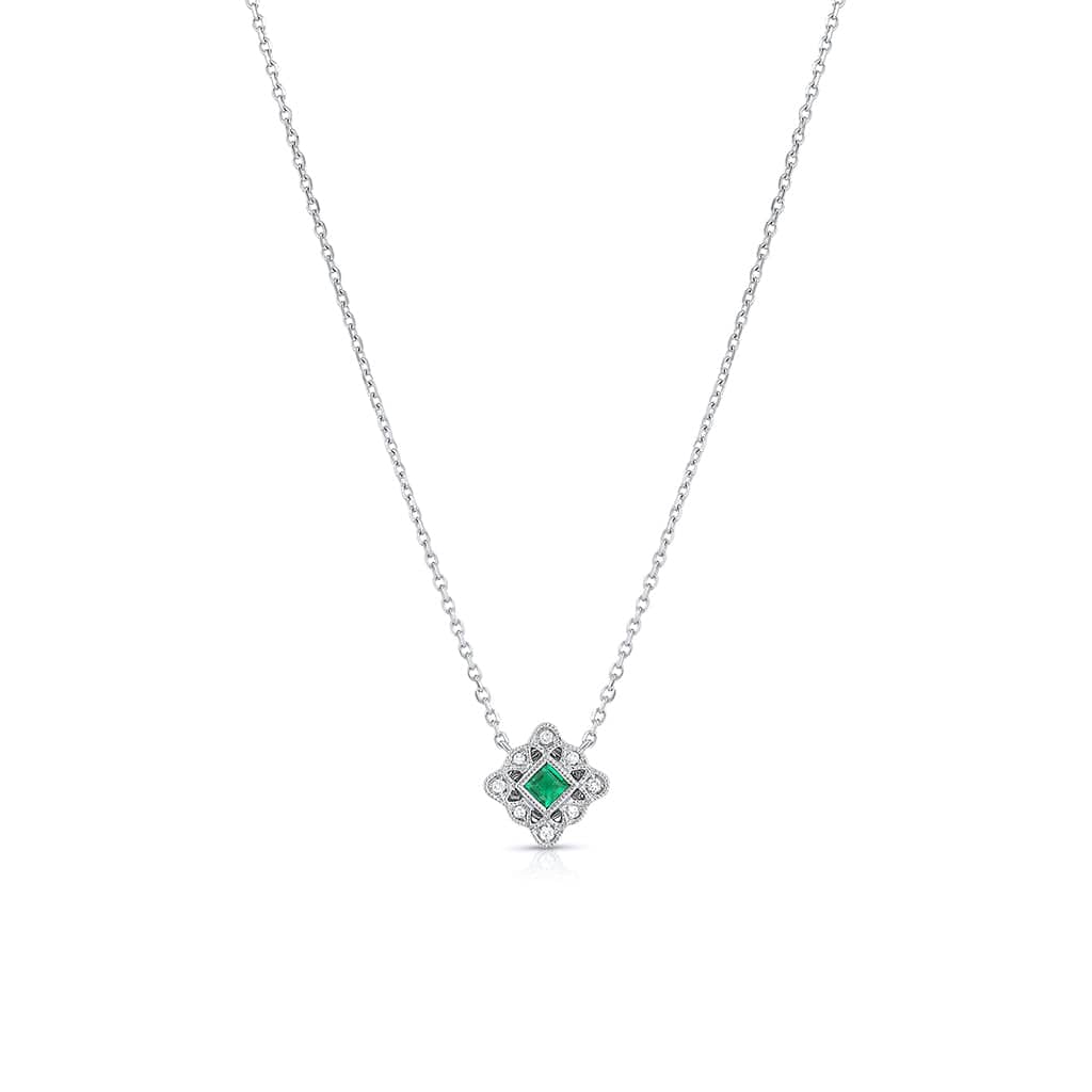 14K White Gold Diamond Emerald Square Filigree Art Deco Necklace