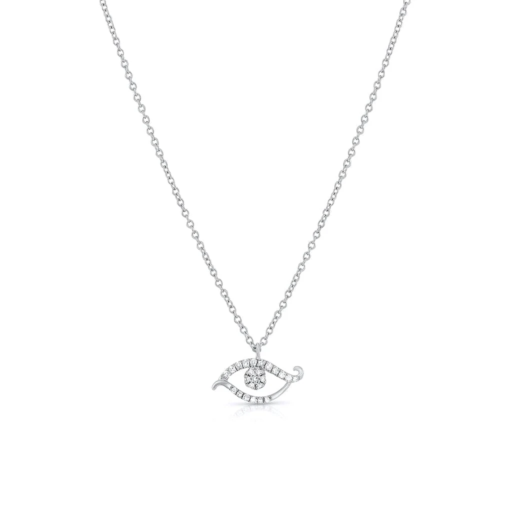 18K White Gold Diamond Scrolled Evil Eye Pendant Necklace