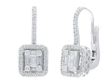 18kt White Gold Baguette  Round Diamond French Clip Earrings